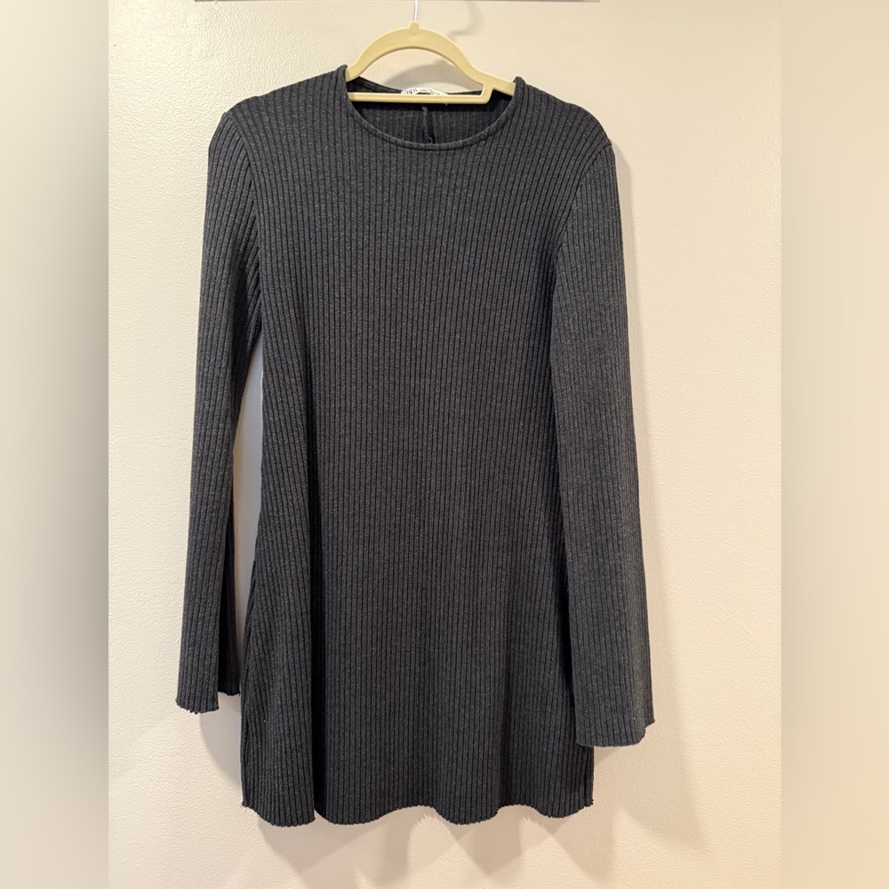 Zara Gray Ribbed Long Sleeve Dress